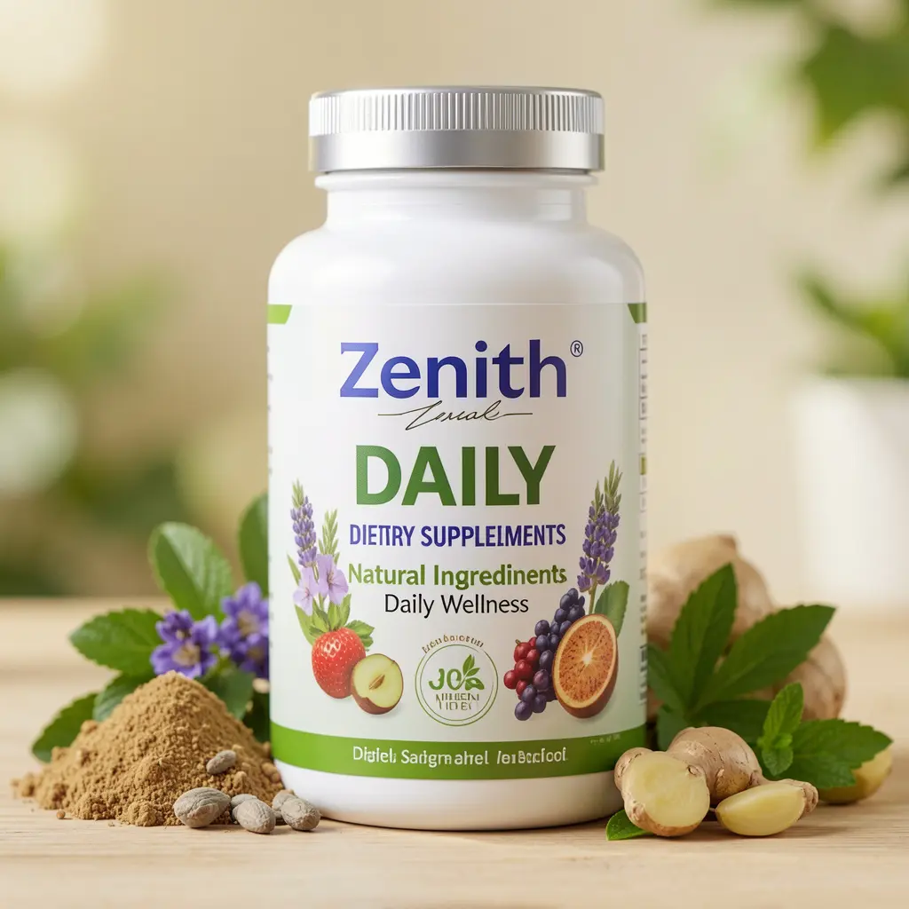 Zenith Daily dietary supplement bottle with natural ingredients for daily wellness